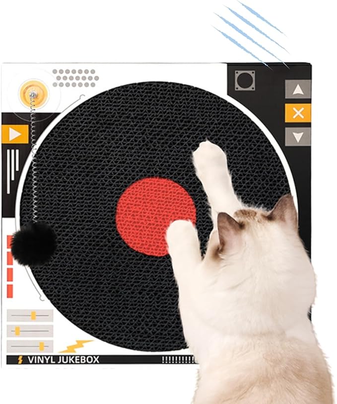 Cat playing and scratching on MemeMeow vinyl record scratcher pad