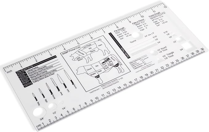 Acrylic culinary ruler showing precision measurements weight temperature conversion charts
