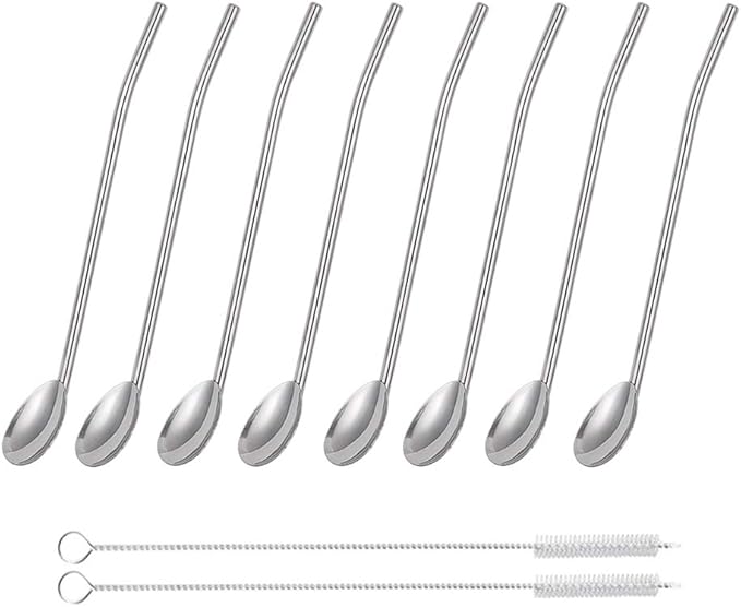 Built In Straw Spoon Set - 8 Piece 2-in-1 Stainless Steel 2-in-1 stainless steel straw spoon set - the perfect built-in straw spoon combo